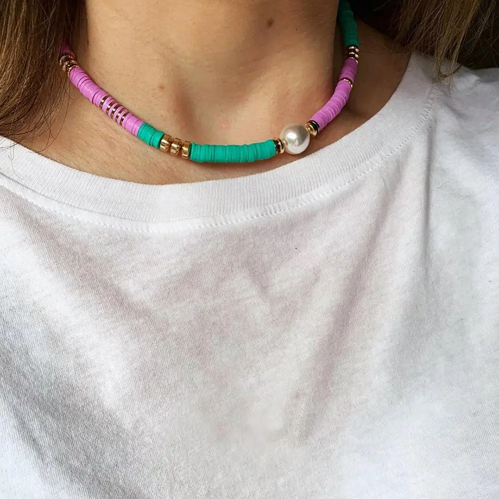 Boho Fashion Colorful Choker Necklace Jewelry Handmade Polymer Clay Necklace Women  Beach Jewelry Gift