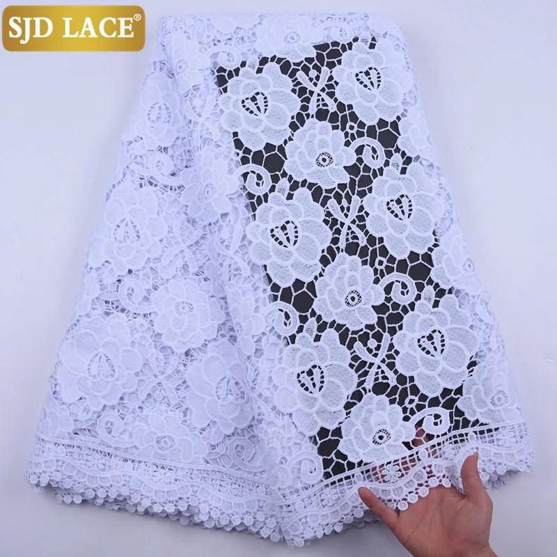 SJD LACE Pure White African Cord Lace Fabric 5Yards Water Soluble Guipure Cord Laces For Nigerian High Quality Wedding Sew A2021