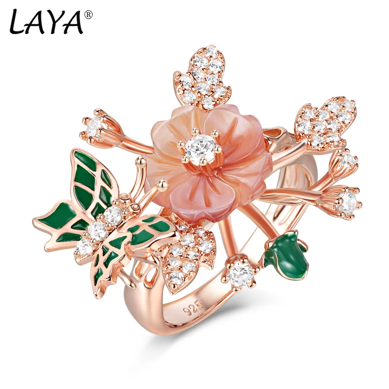 Laya Ring For Women High Quality Zircon Natural Shell Flower Butterfly Enamel 925 Sterling Silver Anillos Fashion Jewelry