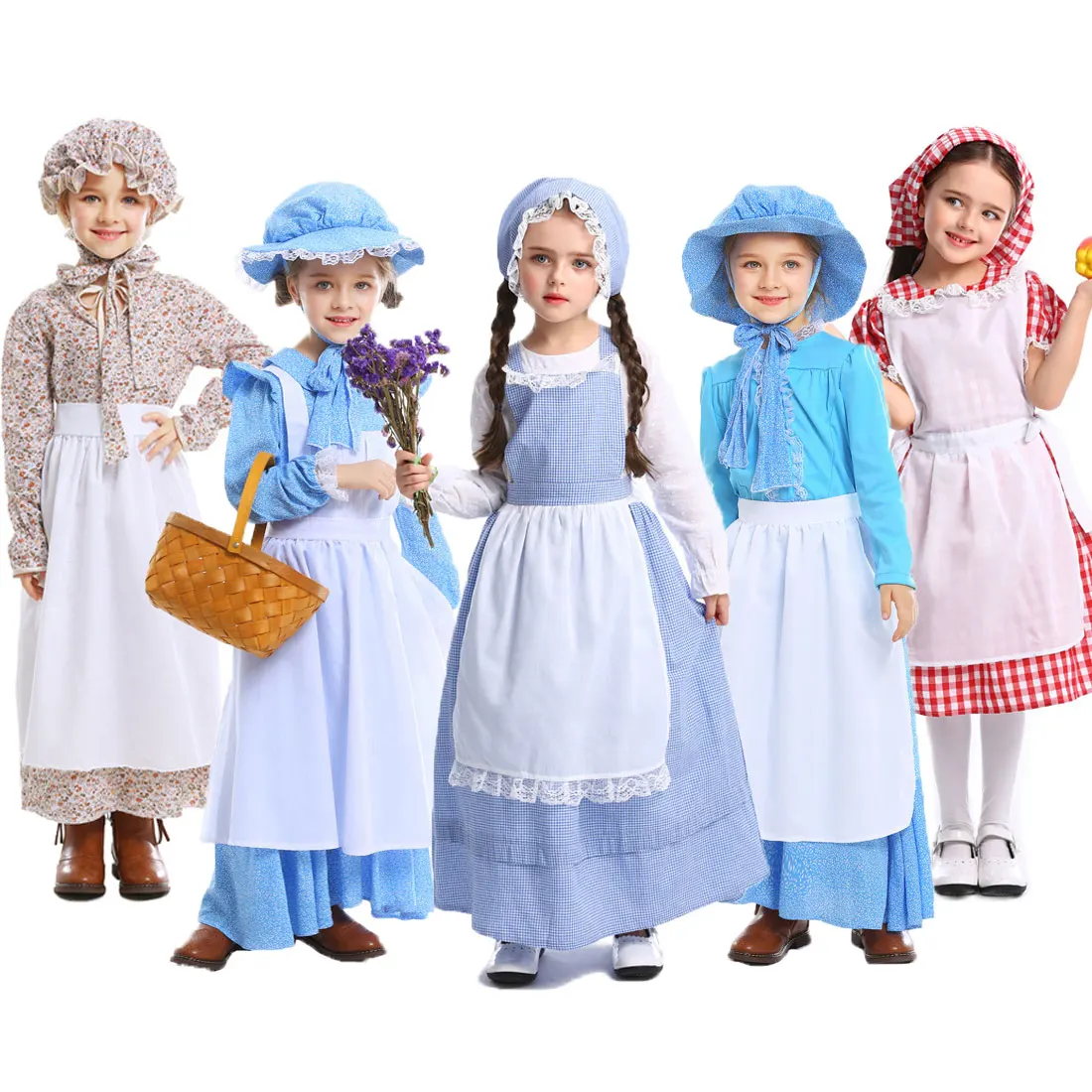 

Lovely Early America Colonial Village Pioneer Girl Costume Halloween Cosplay Costumes Fancy Dress for Child Kids Teen Girls