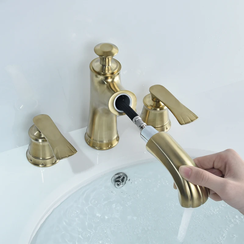 Three Hole Pull Out Basin Faucet Brass Deck Mounted Bathroom Sink Faucets Double Handle Hot And Cold Water Bathtub Shower Tap