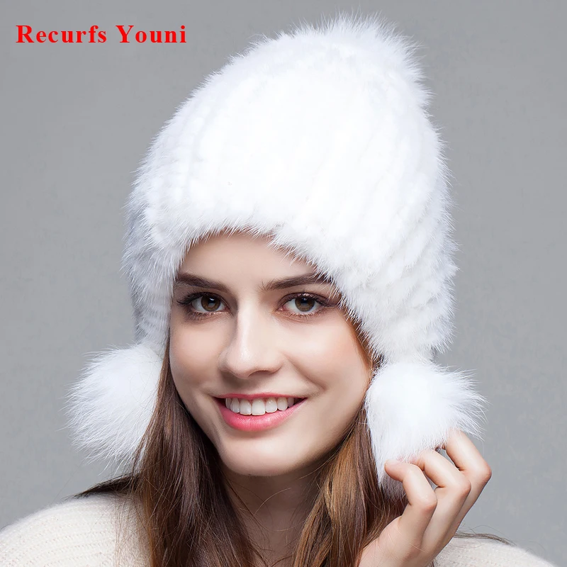 

Women Hat Real Fur Pom Pom Winter Luxury Vogue Female Mink Hair 3 Fox Fur Balls Pompoms Beanies Ladies White Knitted Bonnet