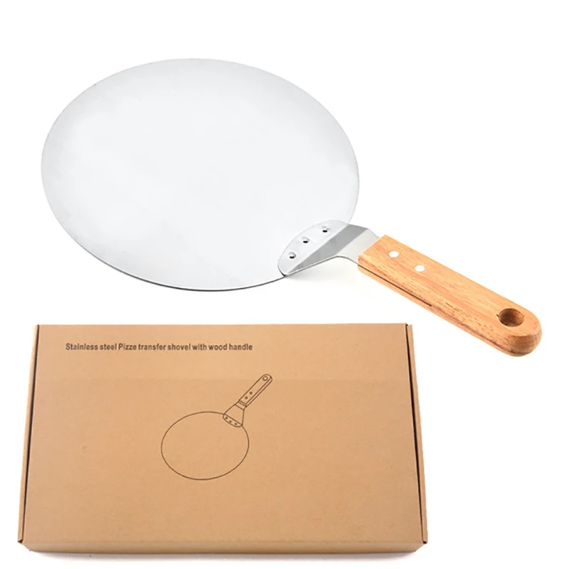 

Stainless Steel Round Pizza Spatula, Peel Shovel, Wooden Handle, Large Pizza Cake, Safe Transfer Shovel, Kitchen Baking Tool 1Pc