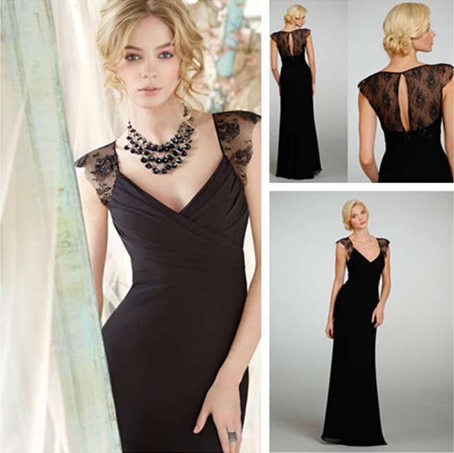 hot Sexy V-Neck Cap Sleeve Black lace chiffon 2018 See Through Back Long Floor Length Vestido Formal gown bridesmaid dresses