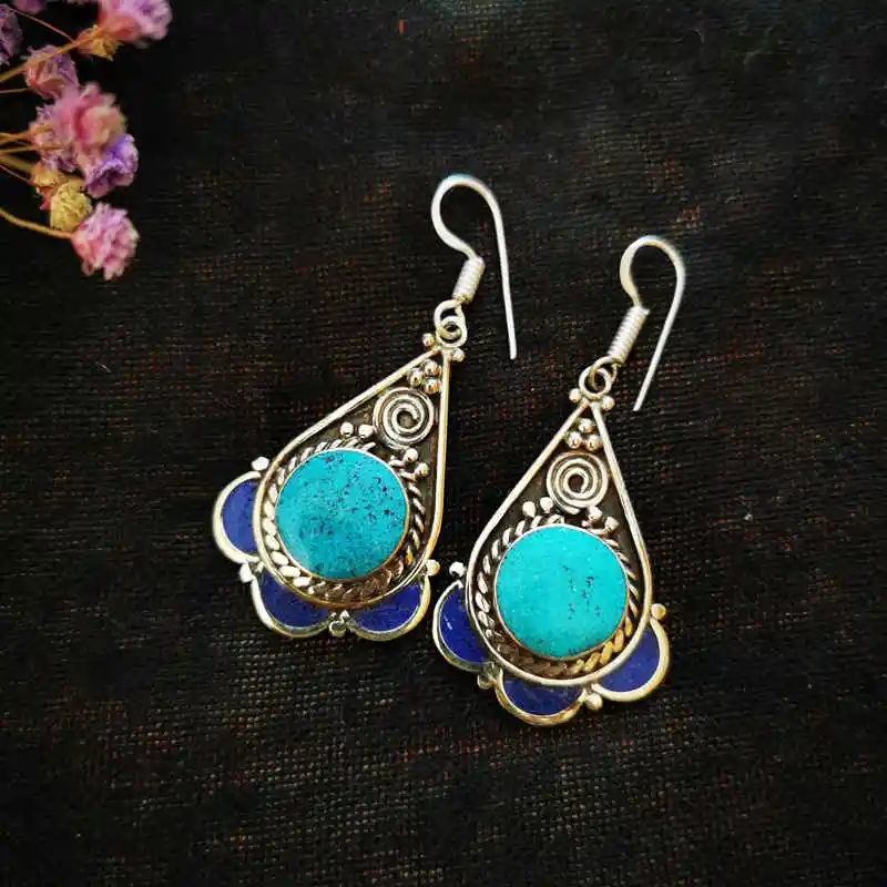 Tibetan Handmade Jewelry Copper Inlaid Drop Earring Multi Colors E104