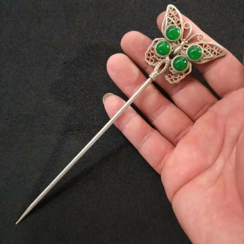 

Exquisite Chinese old Tibet Silver Inlaid green jade Butterfly hairpin