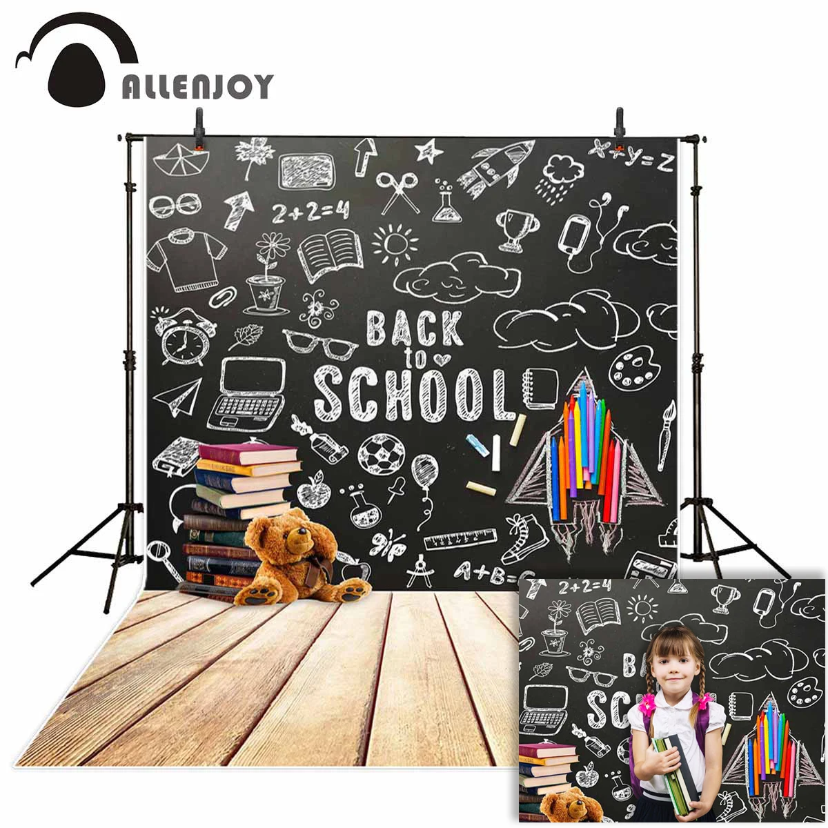 Allenjoy photography Back to school backdrops blackboard pencil book toy bear photo background studio prop photophone photocall