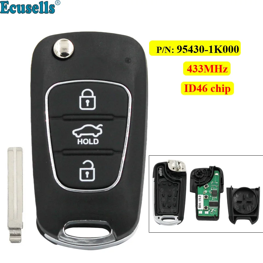 

Upgraded 3 buttons Flip Remote Key Fob 433MHz with ID46 chip for Hyundai I20 2010-2015 P/N: 95430-1K000 uncut