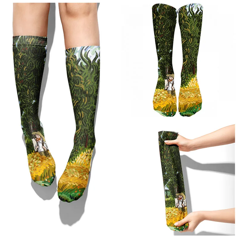 Chaussettes en coton de dessin animé Van Gogh pour femmes, Kawaii, droites, décontractées, douces, drôles, longues, créatives, printemps, automne,