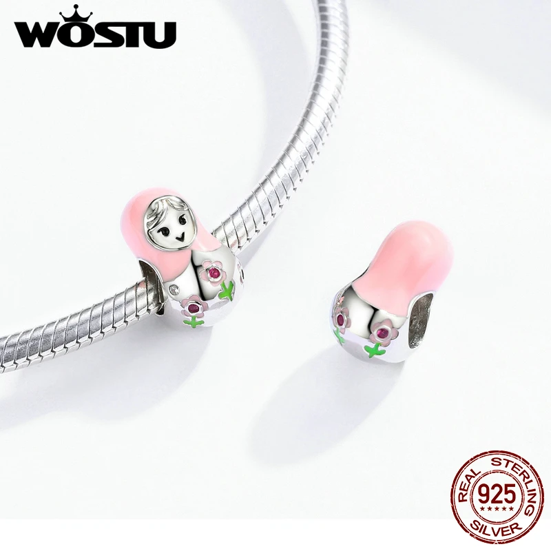 WOSTU Lovely Russian Doll Girls Beads 925 Sterling Silver Fit Original Bracelet Pendant Pink Enamel Charms S925 Jewelry FIC1435