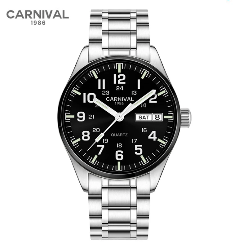 Carnival Brand Fashion Watches Men Luxury Quartz Wristwatch Waterproof Luminous Casual Calendar Military Clock Relogio Masculino