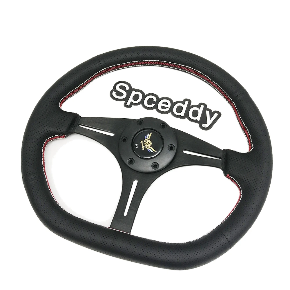 New Racing Steering Wheel 14 Inch 350mm Car Drift Sport Flat Leather Steering Wheels Perforated With Horn And Double Stitch Line