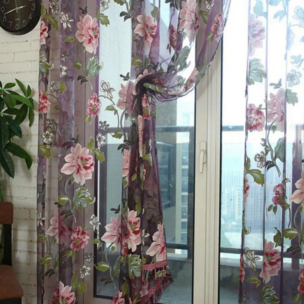 Window Peony Printed Transparent Tulle Curtain For Living Room Bedroom Window Treatment Blinds Finished Drapes Kitchen Curtains