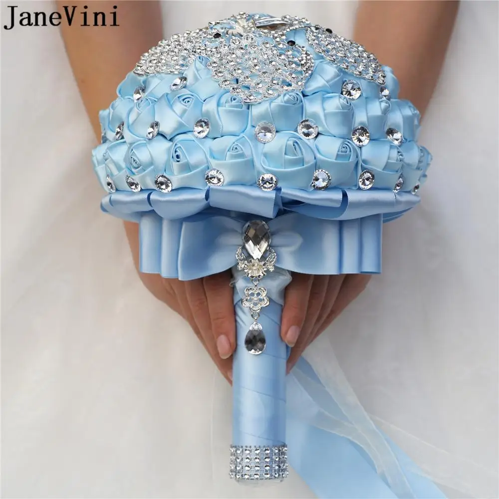 JaneVini Sky Blue Satin Rose Wedding Bouquets with Crystals Luxury Peacock Jewelry Beaded Bridal Brooch Bride Holding Flowers