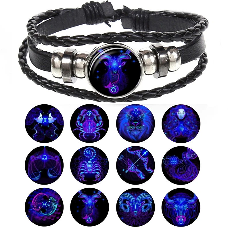 Знак зодиака Плетеный Gemini Cancer Leo Virgo Libra Scorpio 12 Созвездие черный панк кожаный браслет со знаком зодиака для мужчин и женщин