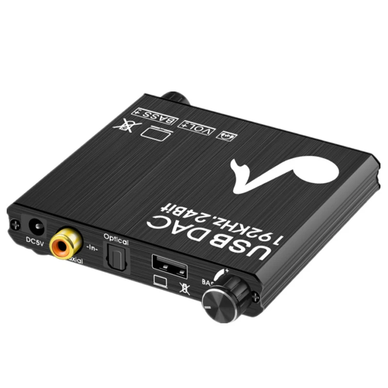 USB DAC 192kHz 24 비트 디지털-아날로그 컨버터, 베이스 및 볼륨 제어, 동축 토스링크-아날로그 스테레오 L/R RCA, 신제품