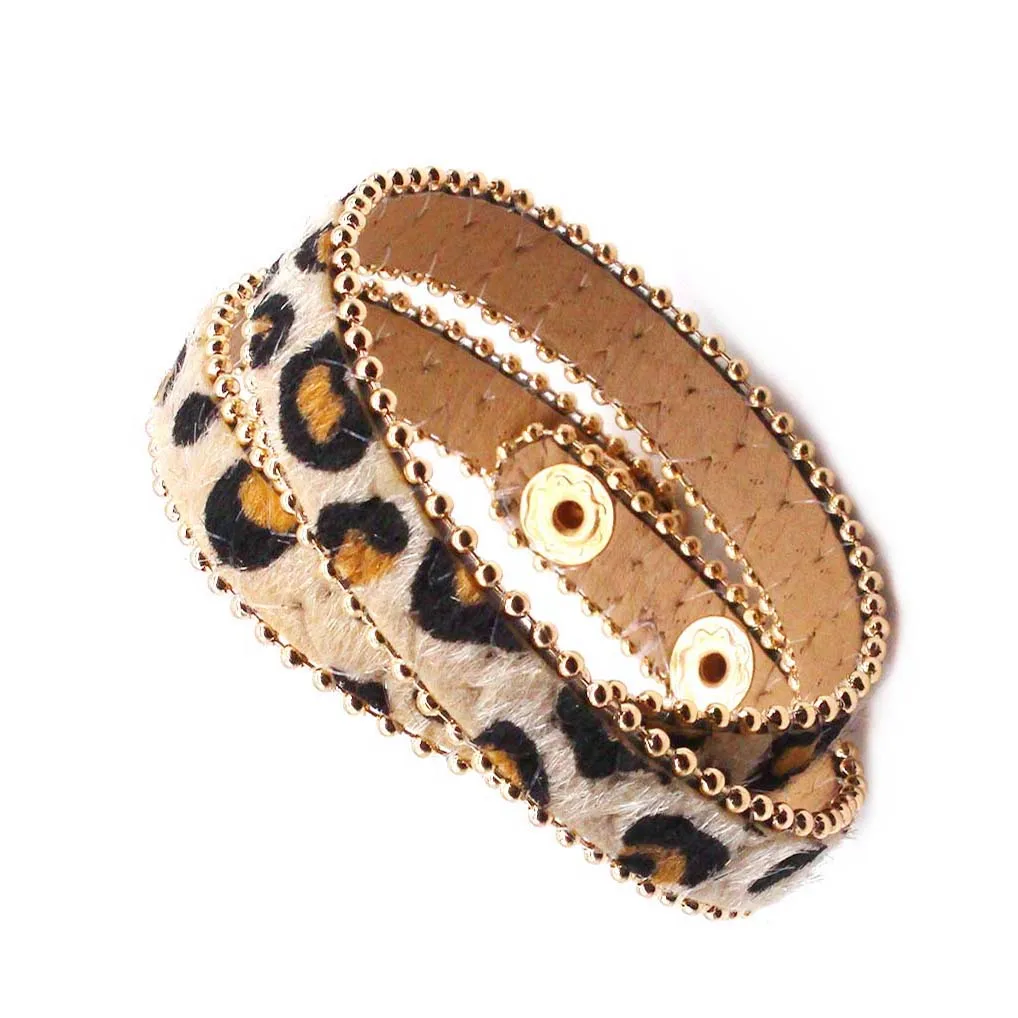 New product Fashion Leopard Leather Bracelets For Women Boho Gold Color Button Vintage Wrap Bracelet Christmas Punk Jewelry