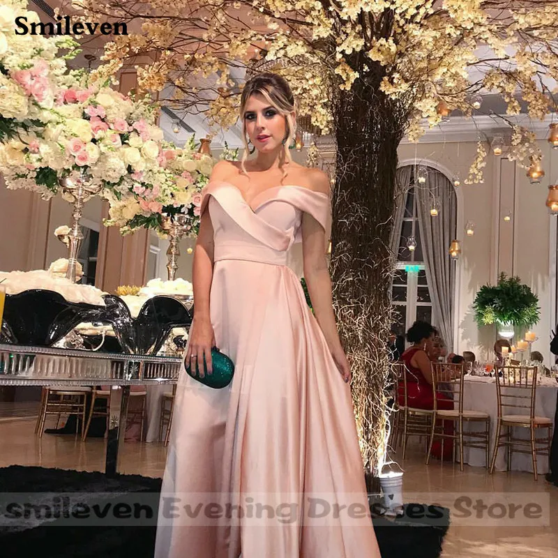 Smileven Nude Pink Off The Shoulder Prom Dress A Line Elastic Party Dress Sexy High Side Split Backless Long Evening Gown