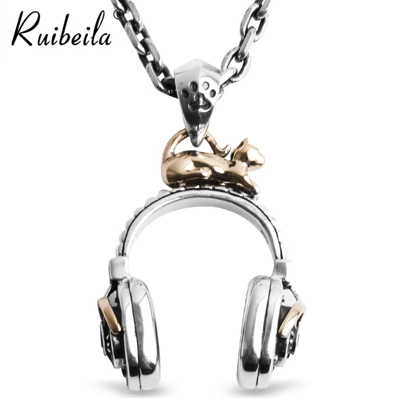 Ruibeila925 silver cat earplugs style pendant men and women personality necklace to send friends