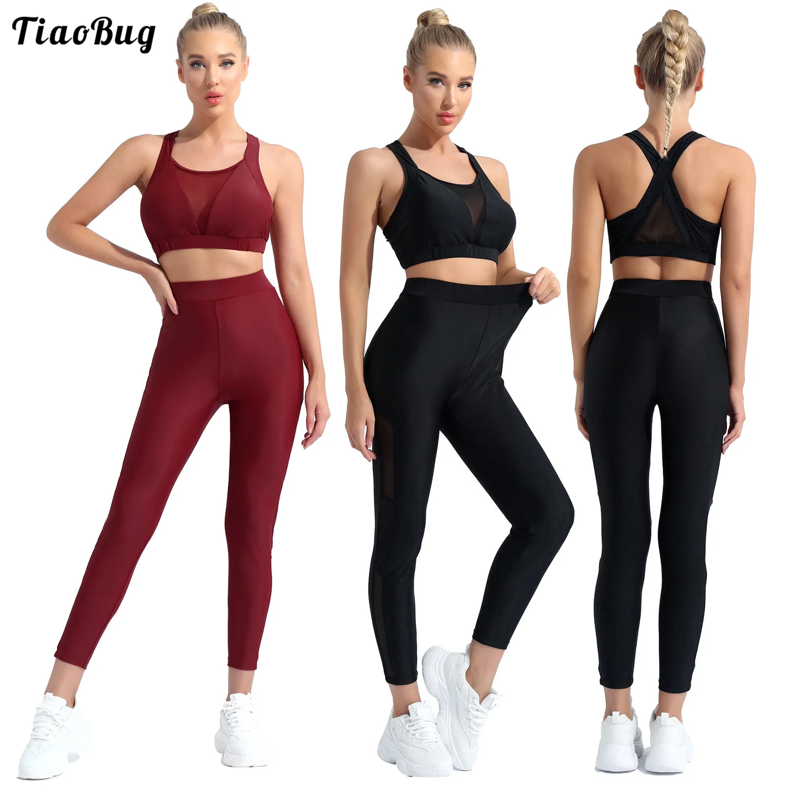 

2Pcs Women Pure Color Sportswear U Neck Straps Cross At Rear Mesh Stitching Removable Pads Sport Bra Top Pants Set For Gym Yoga