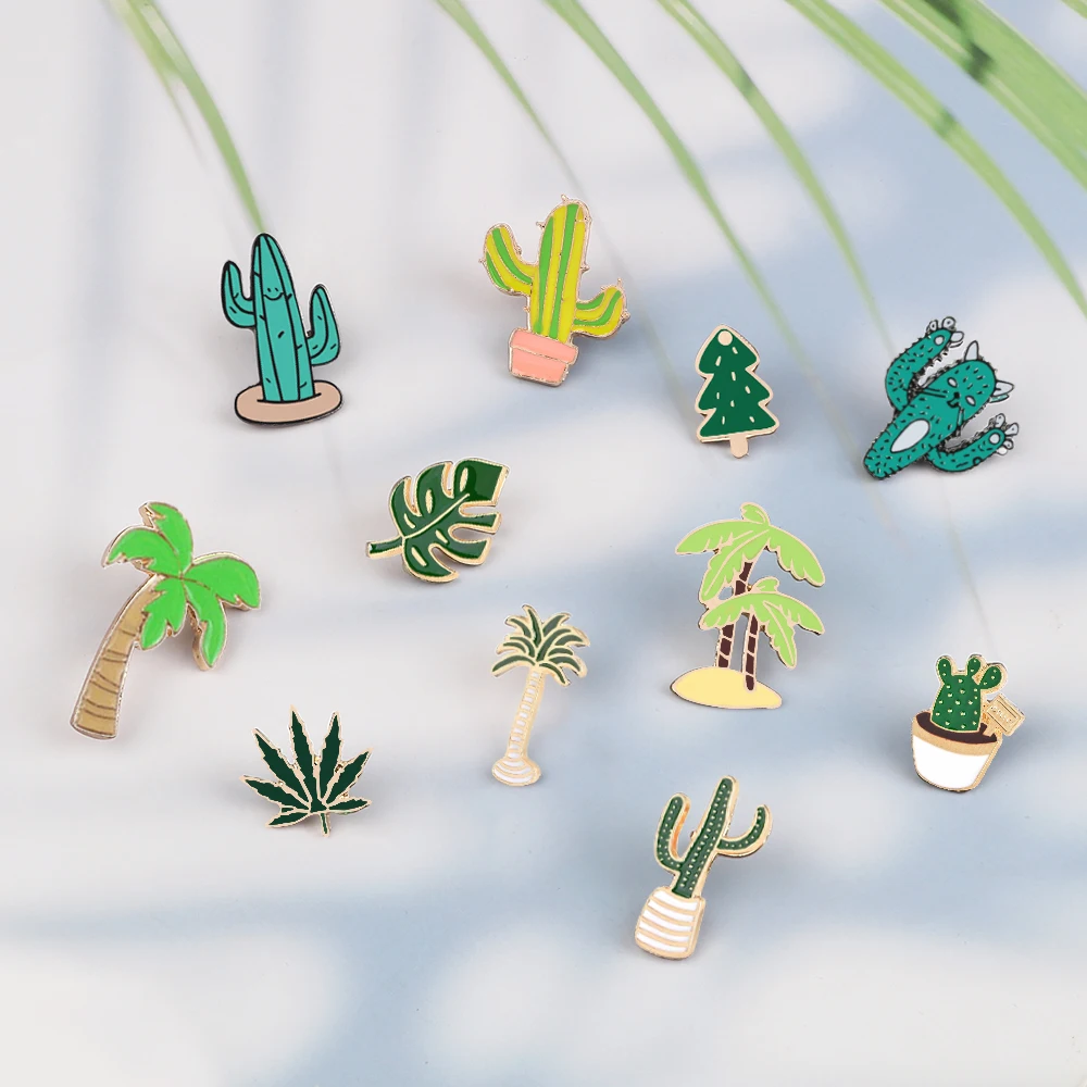 Simple Cartoon Green Plants Brooches Pins Coconut Trees Mexican Cactus Maple Leaf Christmas Tree Metal DIY Button Badges Jewelry