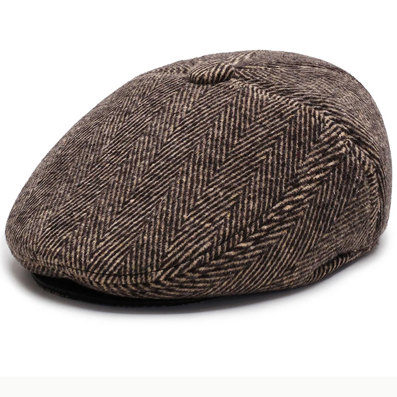 HT2630 Beret Cap Autumn Winter Beret Thick Warm Earflap Cap Men Vintage Wool Felt Hat with Ear Flap Male Flat Cap