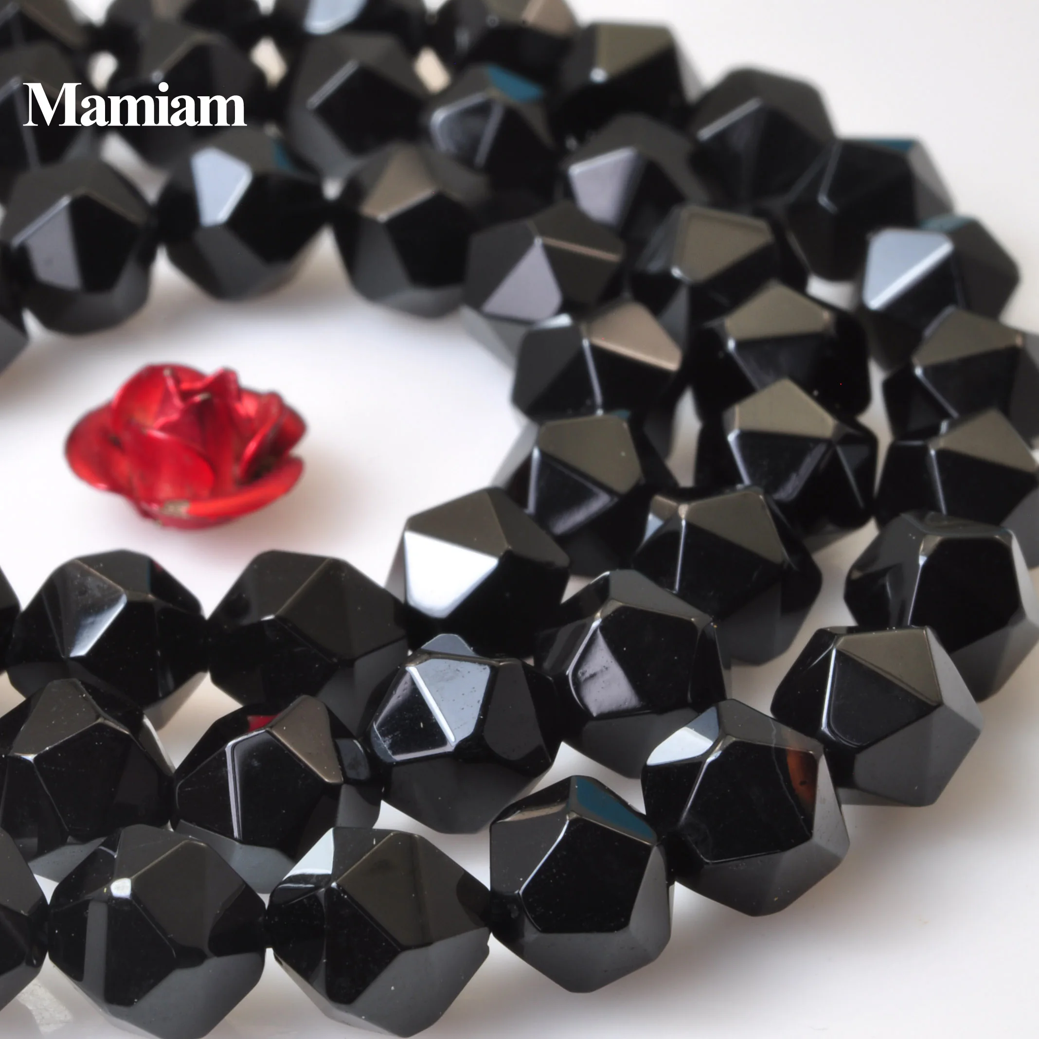 Mamiam Natural Black Agate Diamond Faceted Round Beads Smooth Loose Stone Diy Bracelet Necklace Jewelry Making Design