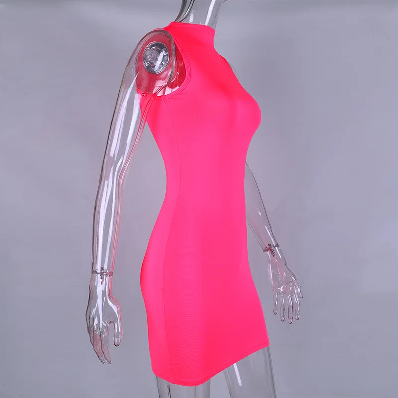 OMSJ Summer Neon Pink Sleeveless Mini Dress Bodycon Sexy Fashion Party Clubwear Skinny Solid Slim Basic 2024 Hot Dresses New