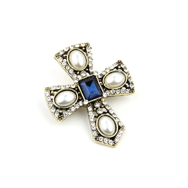 Cultured Pearl CZ Cross Brooch Women Men Jewelry Crystal Broche De Mujer Vintage Pins Metal Kpop