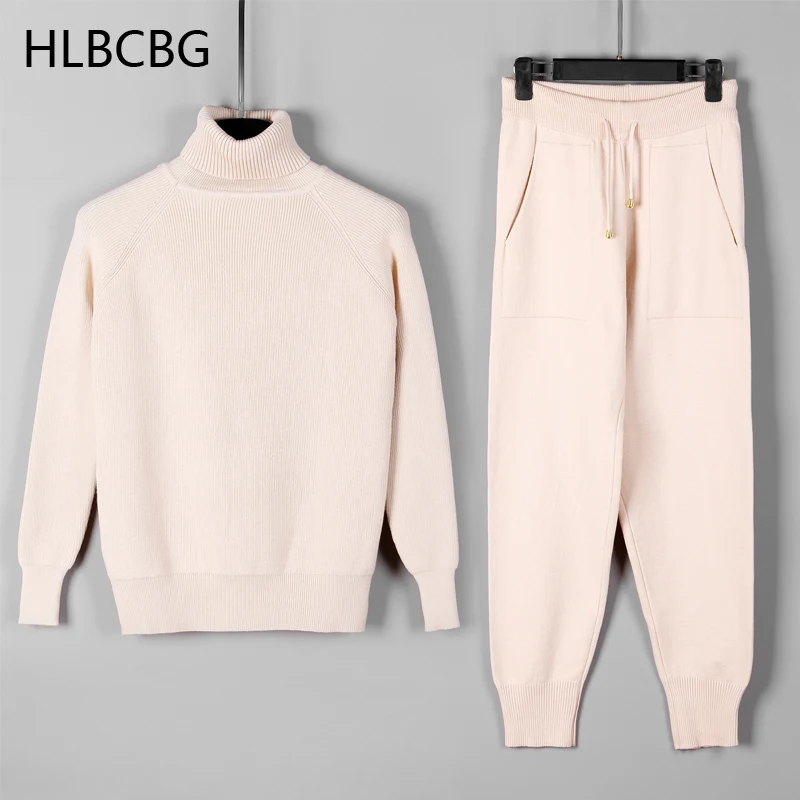 HLBCBG Two Piece Set Women Knit Sport Suits Thick Warm Turtleneck Women Sweater + Drawstring Harem Pants Winter Jogging Outfits