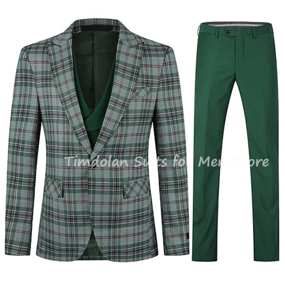 

Grey Green Red Plaid Wedding Men Suits 3Pc Peak Lapel Grid Blazer Trousers Custom Made Groom Tuxedo Party Wear Jacket+Pants+Vest