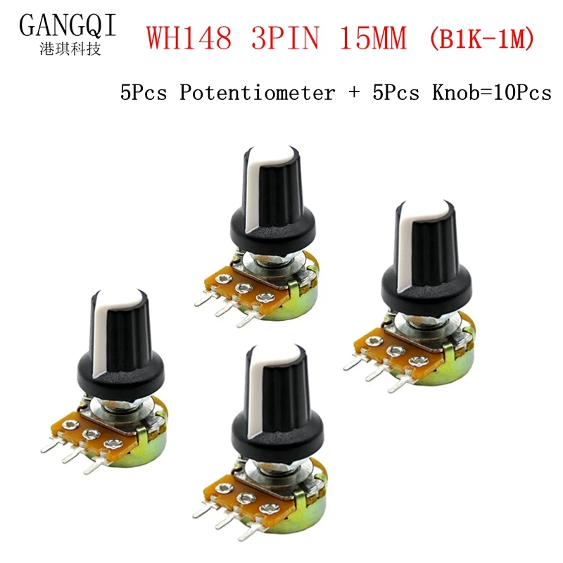 5 Sets WH148 1K 10K 20K 50K 100K 500K Ohm 15mm 3 Pin Linear Taper Rotary Potentiometer Resistor for Arduino with AG2 White Cap 