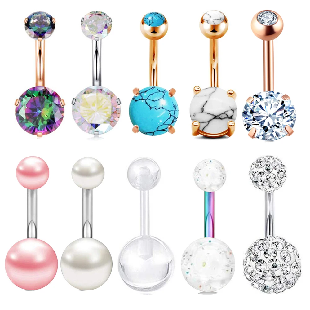 10 Set 14G Stainless Steel Belly Button Rings CZ Pineapple Dangling Dangle Navel Ring Body Piercing