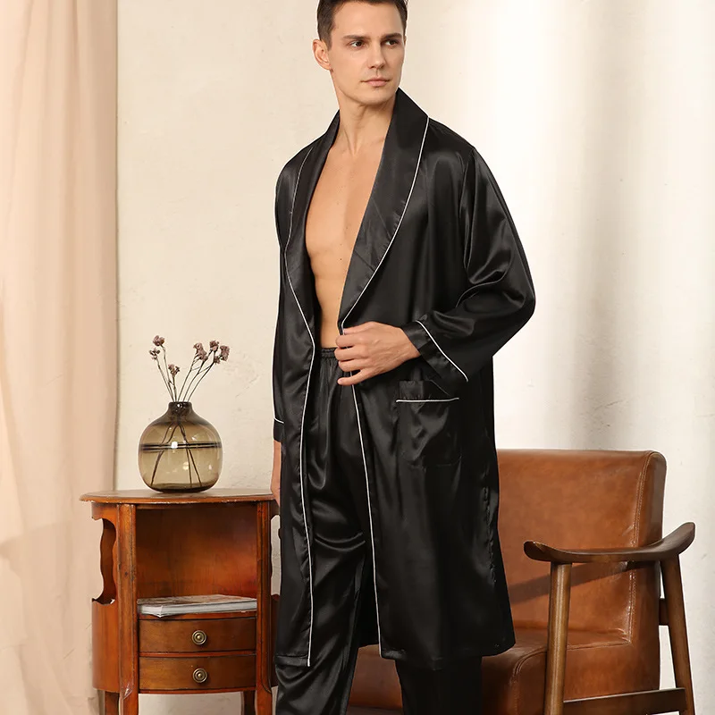 Men Pajamas Satin Kimono Robe Gown With Pants Thin Nightgown Two-pieces Bathrobe&Trousers Suit Summer Long Sleeve Nightwear