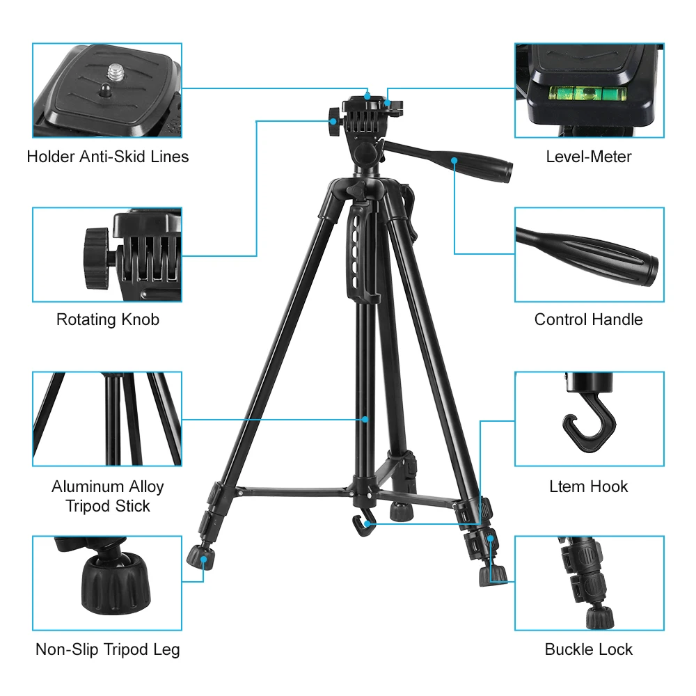 휴대폰 클립이 있는 전문가용 카메라 삼각대, 범용 경량 스탠드 삼각대, 고프로 스마트폰 유튜브 비디오 촬영용, 140cm