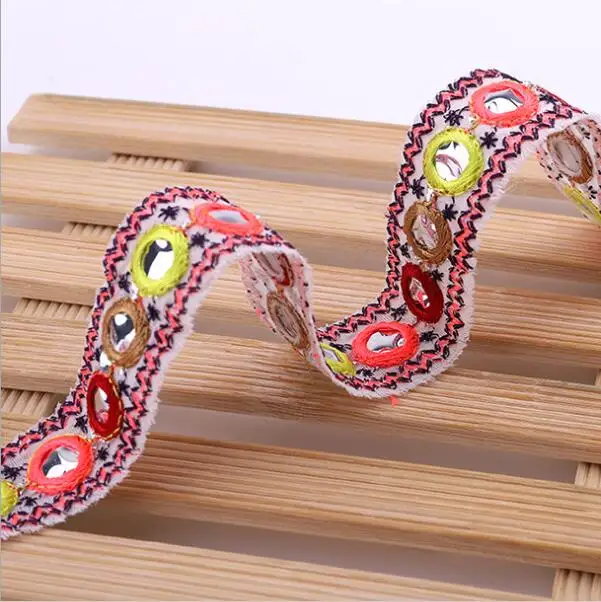 10Yards Ethnic Mirror Embroidered Webbing 2.4cm Indian Trim DIY Handmade Sewing Net Yarn Ribbons Clothing Decorative Lace Trim