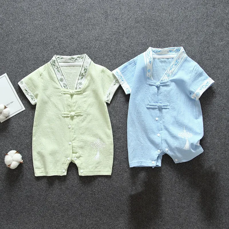 Cotton Linen Baby Boys Romper Breathable Summer Infant Jumpsuit Chinese Style Toddler Outfits One-Pieces Clothes Baby Onesies