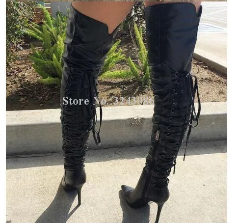 Brown Leather Back Lace-up Over the Knee Boots Women Sexy Black Cross-tie Pointed Toe Long Boots Fashion Female Booties Dropship