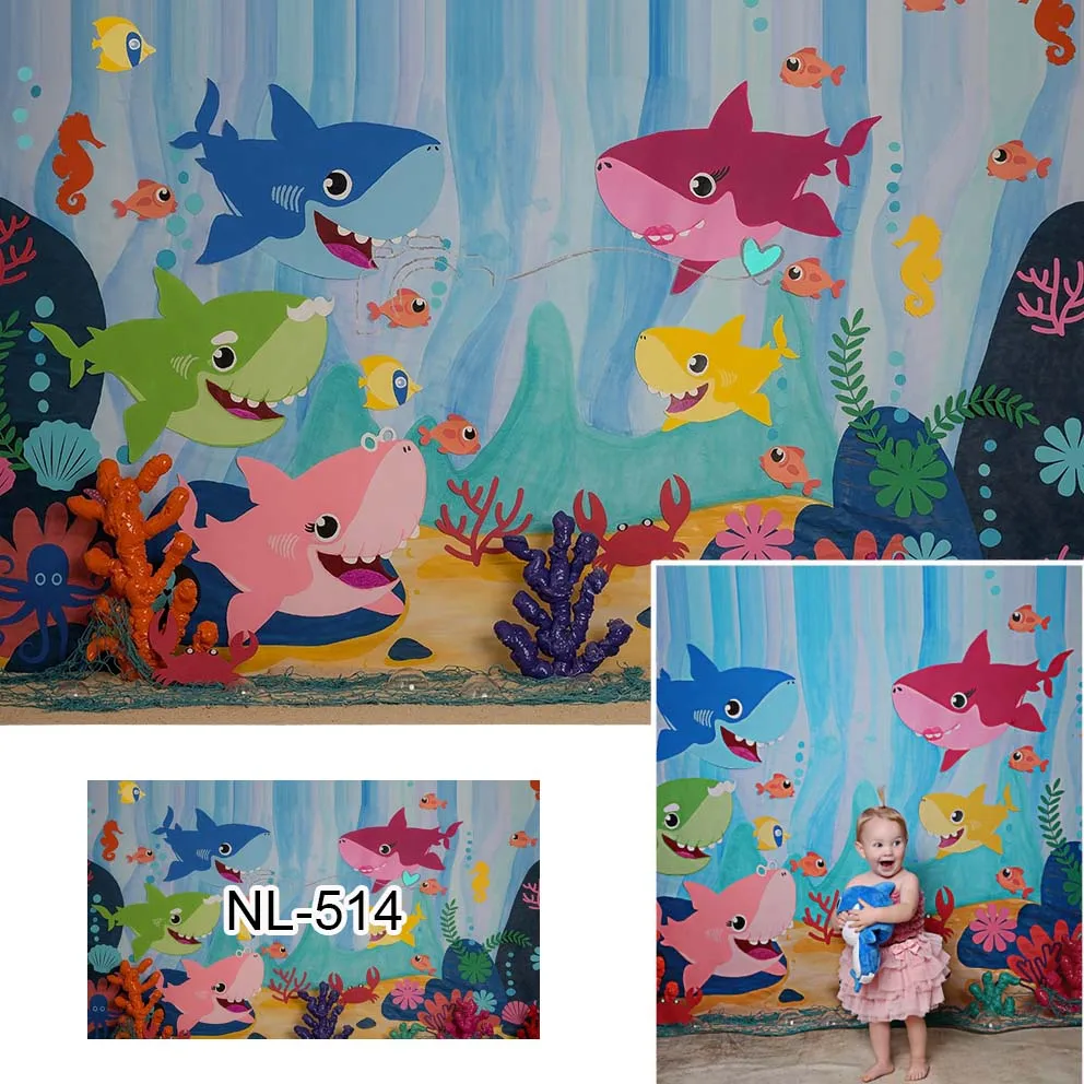 Ocean Aquarium Background Baby Party Decoration Shark Seahorse Crab Cake Crush Background Photography Studio Vinyl Background