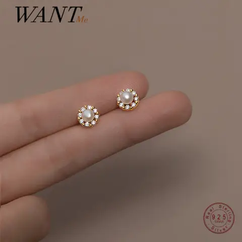 WANTME-진짜 925 스털링 실버 매력적인 지르콘 라운드 진주 스터드 귀걸이, 여성을 위한 한국 세련된 웨딩 파티 주얼리 트렌드 2021