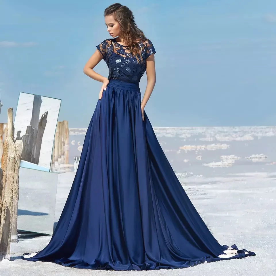 Elegante vestido de noche azul marino para mujer, prenda de satén con apliques de encaje y cuello redondo, con espalda abierta, 2022