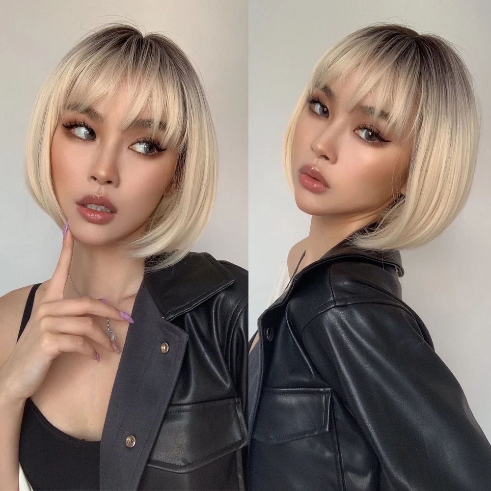 LOUIS FERRE Blonde Short Bob Wigs with Bangs Heat Resistant Synthetic Daily Cosplay Ombre Blonde Hair Wigs for White/Black Women