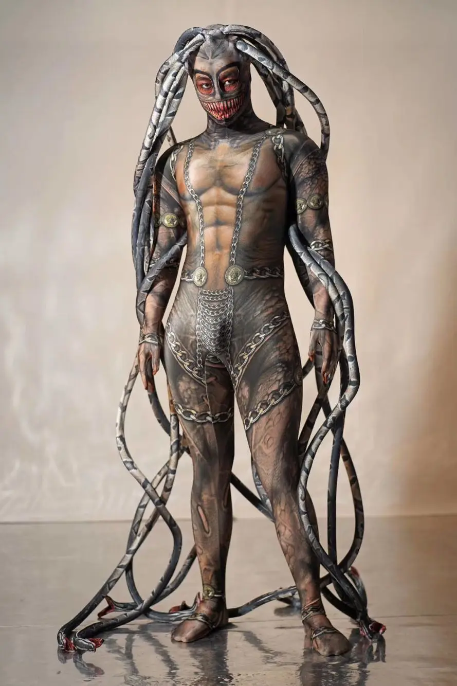 s Cool men Medusa Siamese bodysuit Snake Jumpsuit Halloween party event alien snakes cosplay costume Stage show dance wear