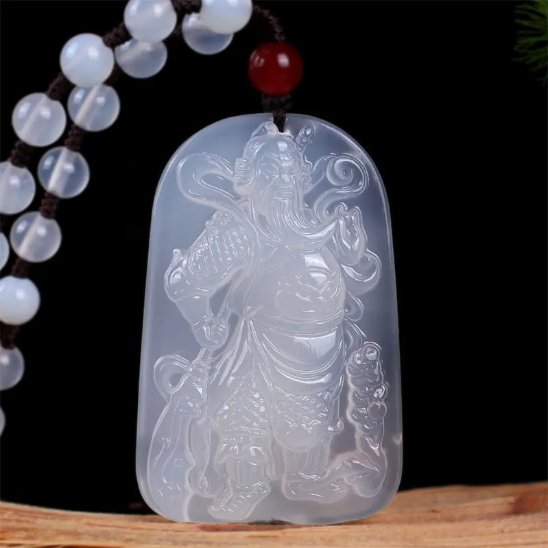 White agate calcedony Guan Yu Amulet Bless Pendant mala Bead Hanging Necklace Talisman