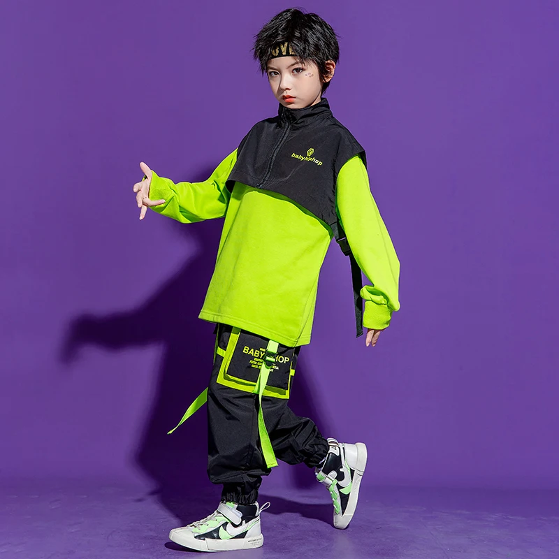 Kids Hip Hop Dancing Performance Costume Street Dance Cargo Pants Green Long Sleeves Tops Girls Jazz Dance Stage Clothing BL7046