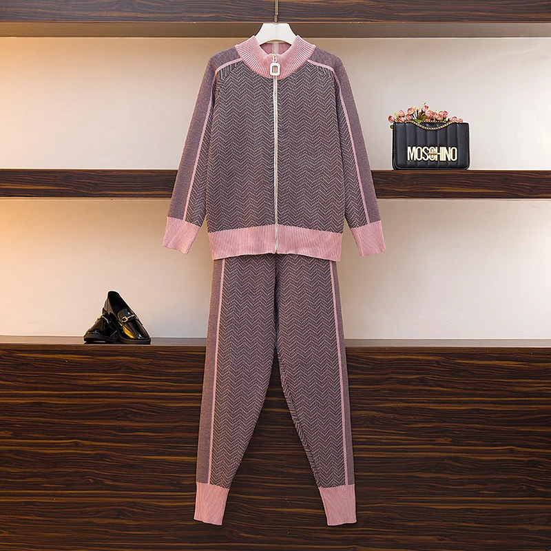 BLLOCUE Fashion Knitted Tracksuit Suit Woman 2020 Autumn Winter Women Zipper Striped Cardigans Jacket + Long Pants 2 Piece Set