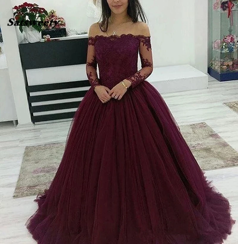 

2021 Modern Long Sleeves Evening Party Gowns Abendkleider Sexy Boat-Neck Tulle Floor-Length Formal Prom Quinceanera Dresses