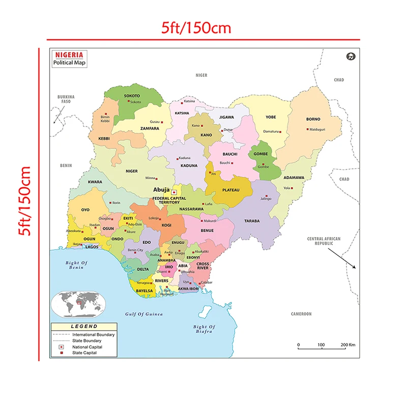 La Nigeria mappa politica 150*150cm tela Non tessuta pittura arte della parete immagine senza cornice Poster decorazioni per la casa forniture per aula