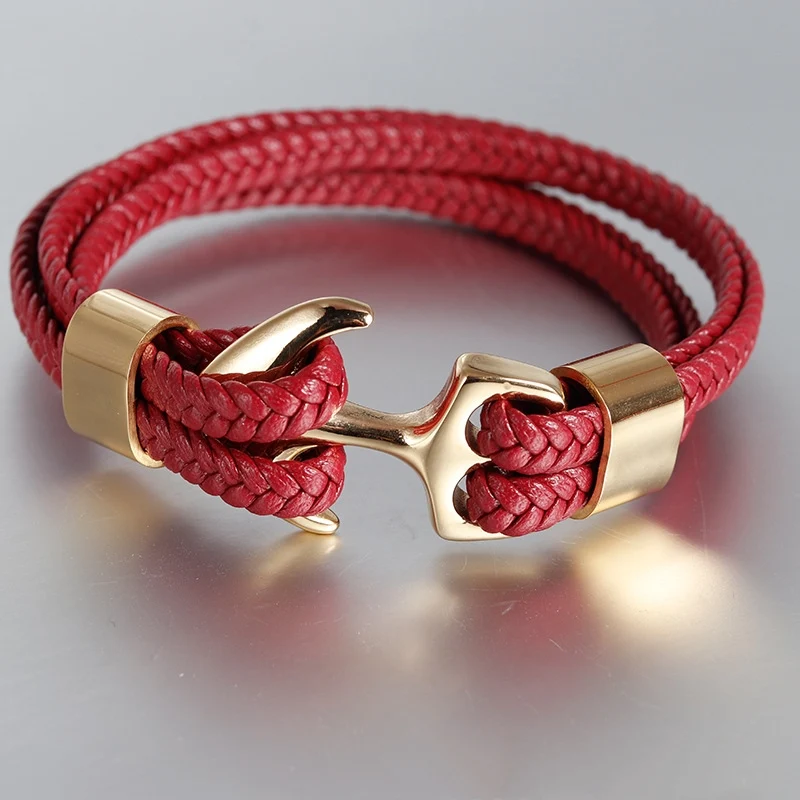 Genuine Leather Men Bracelet Hand Braided Rope Multilayer Leather Stainless Steel Anchor Bracelet Classic Bangle Sport Jewelry
