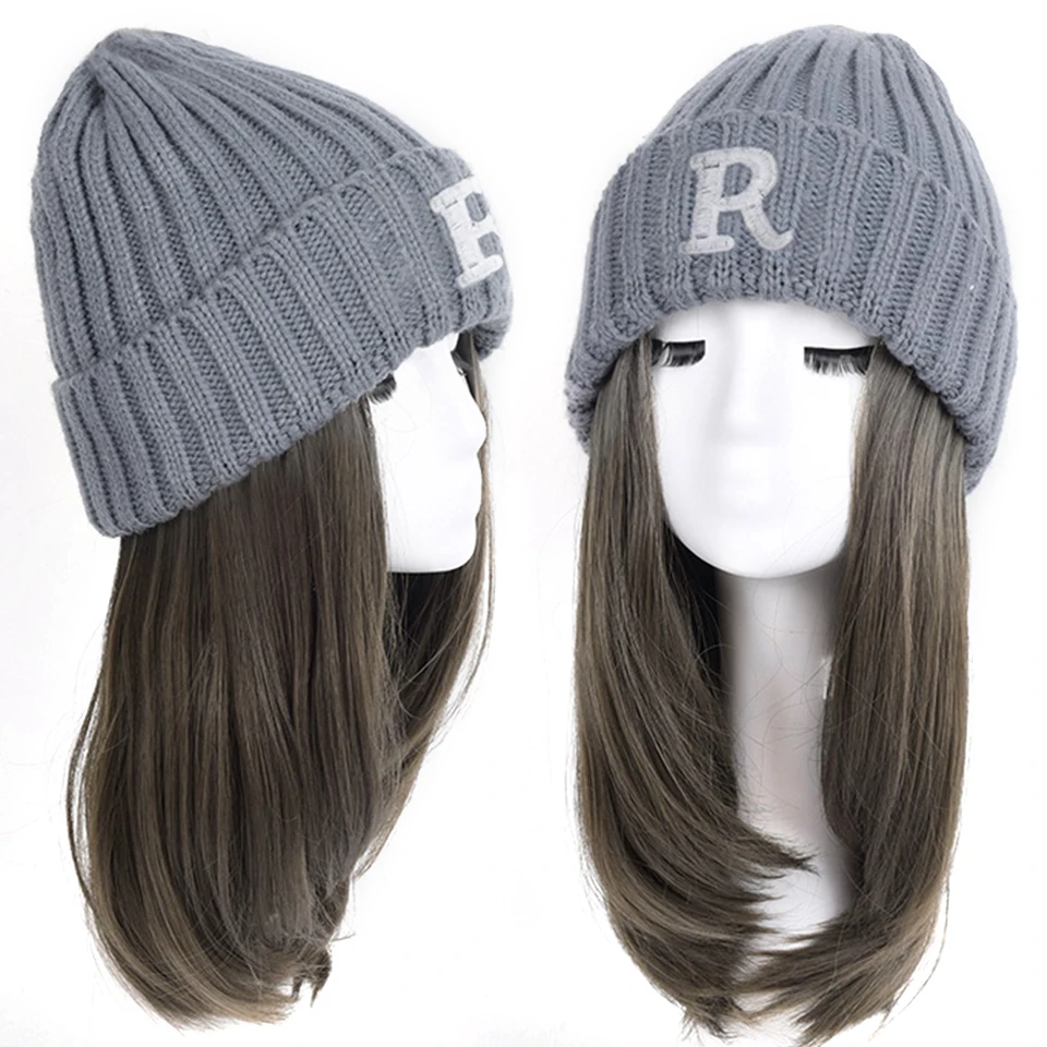 AOSIWIG Ladies Long Curly Hair Knitted Hat Wig Hat Winter Fashion Warmth Natural Synthetic All-in-one Hat Wig Extension